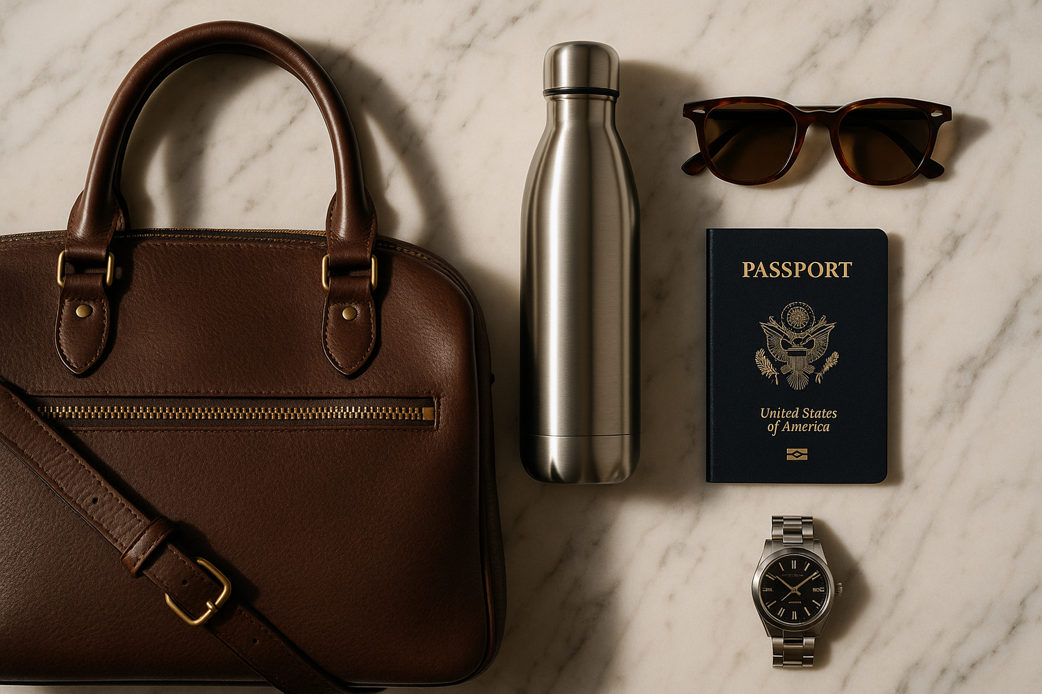 A sleek flat-lay of travel essentials (bags, water bottles, sunglasses, passport, and a watch) on a stylish background like marble, leather, or wood.

A traveler’s hand holding a stylish bag or boarding pass in a classy airport lounge.

Minimalist, premium aesthetic: dark background with a few key luxury items arranged elegantly.