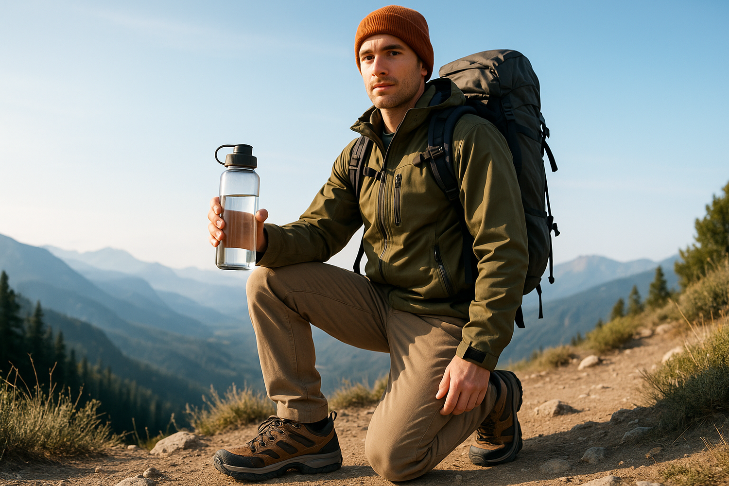 A TOURIST CARRYING WATER BOTTLE AND WEARING TRECKING SHOES FOCUS ON PRODUCT AND BACKGROUNG MATCH ACC TO THEME IN A LIGHT WAY